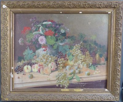 une photo d'un tableau représentant des fruits et des fleurs posés sur une table