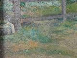an oil painting of a horse in a field with a fence in the background