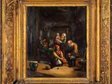 une peinture représentant un groupe de personnes assises autour d'une table