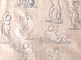 dessin représentant un groupe de personnes prenant différentes poses sur une feuille de papier