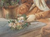 a painting of a woman sitting at a table with flowers