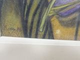 a picture of a painting of a purple flower in a white frame
