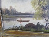 une peinture représentant un homme dans un bateau sur l'eau