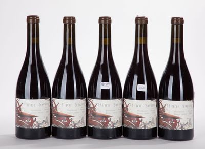 six bouteilles de vin sont alignées sur une surface blanche