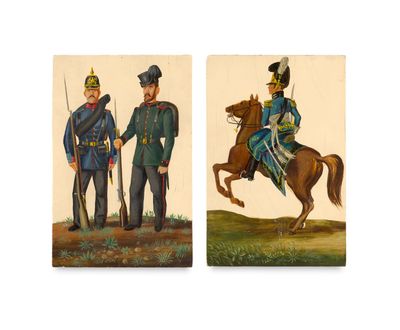 two paintings of men in uniforms riding horses