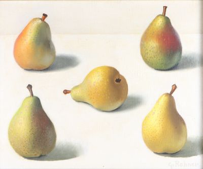 un tableau représentant des poires posées sur une table