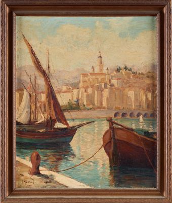 un tableau représentant des bateaux dans un port, avec une ville en arrière-plan