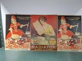 trois affiches publicitaires d'époque représentant des femmes en train de cuisiner dans une cuisine