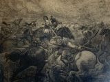 a picture of a painting of a group of men on horses