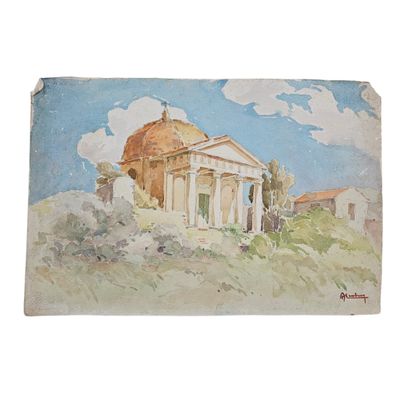 une image représentant un tableau d'un bâtiment situé sur une colline