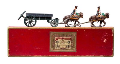 trois figurines représentant des chevaux tirant une calèche et un homme dans une calèche