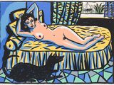 painting of a naked woman laying on a bed with a black cat