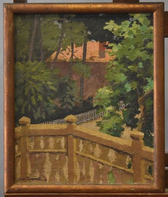 an image of a painting of a bridge with trees in the background