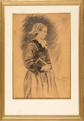 an old drawing of a woman in a dress holding a book