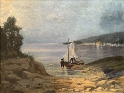 une peinture représentant un voilier sur l'eau, près du rivage