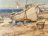 une peinture d'un bateau sur la plage au bord de l'eau