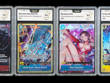 four different pokemon trading cards in a row on a black background