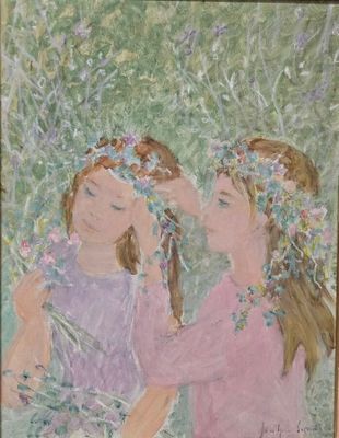painting of two girls in a field with flowers in their hair