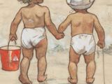 two children in diapers holding hands on the beach
