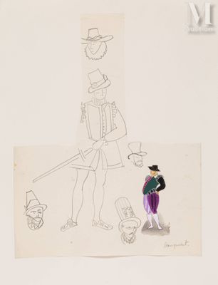 an image of a drawing of a man in a hat and a woman in a dress