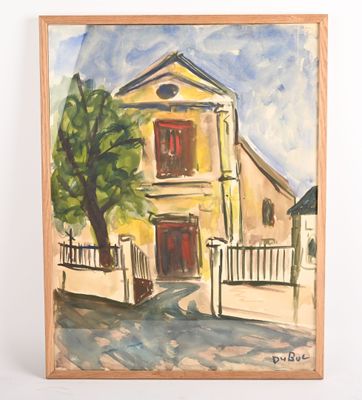 tableau représentant une maison jaune avec un arbre devant