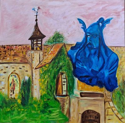 a painting of a blue cloth on top of a building