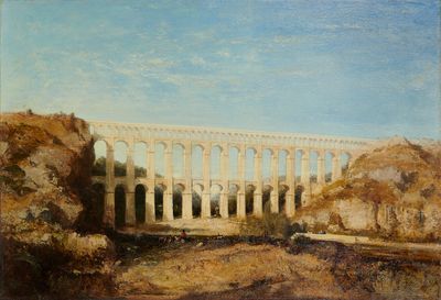 peinture représentant une peinture d'un pont dans un champ, avec des arbres au premier plan