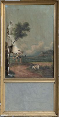 une photo d'un tableau représentant un homme et un chien dans un champ