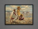 painting of two children playing on the beach with a dog