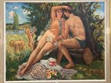 une peinture représentant un homme et une femme assis sur un banc