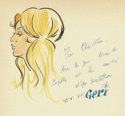 un dessin représentant une femme aux longs cheveux blonds