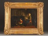 an old painting of a woman reading to a child in a room