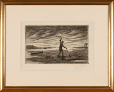 drawing of a man rowing a boat in the water with a paddle