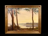 une peinture à l'huile représentant des arbres et un lac dans une zone boisée