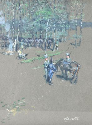 un tableau représentant un homme menant un cheval à travers une forêt