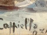 an oil painting of a boat in the water with a person on it