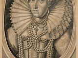 une gravure représentant le portrait d'une femme portant des perles et des perles