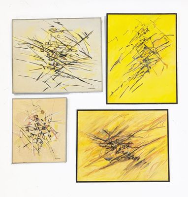 three paintings of yellow and black are hanging on a wall