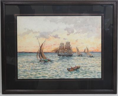 painting of sailboats in the ocean with a lighthouse in the background