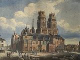 painting of a view of a large building with a clock tower in the center
