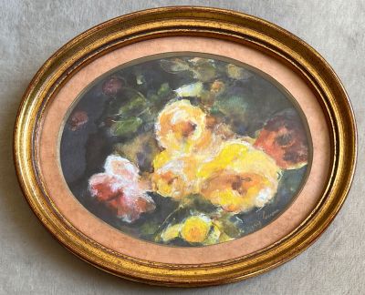 painting of a painting of flowers in a gold frame on a table