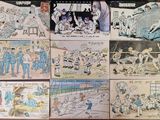 plusieurs dessins humoristiques d'un groupe de personnes sur une table