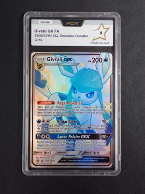 a close up of a pokemon card in a plastic case