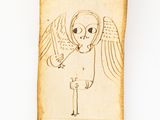an old scroll with a drawing of an angel on it