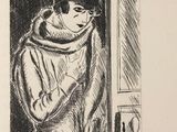 a black and white drawing of a woman standing in a doorway
