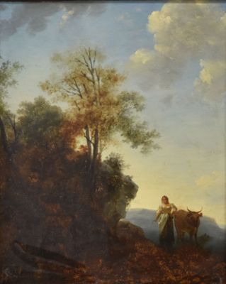 painting of a man and a woman with a cow in a wooded landscape
