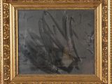 painting of a bat in a gold frame with a black background