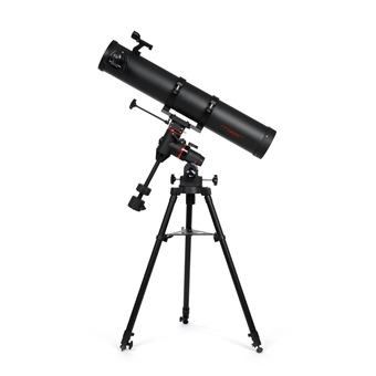 un télescope posé sur un trépied, sur fond blanc