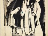 an old drawing of a man and a woman standing next to each other