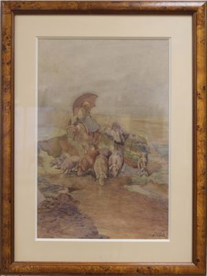 painting of a woman with an umbrella and dogs on a beach